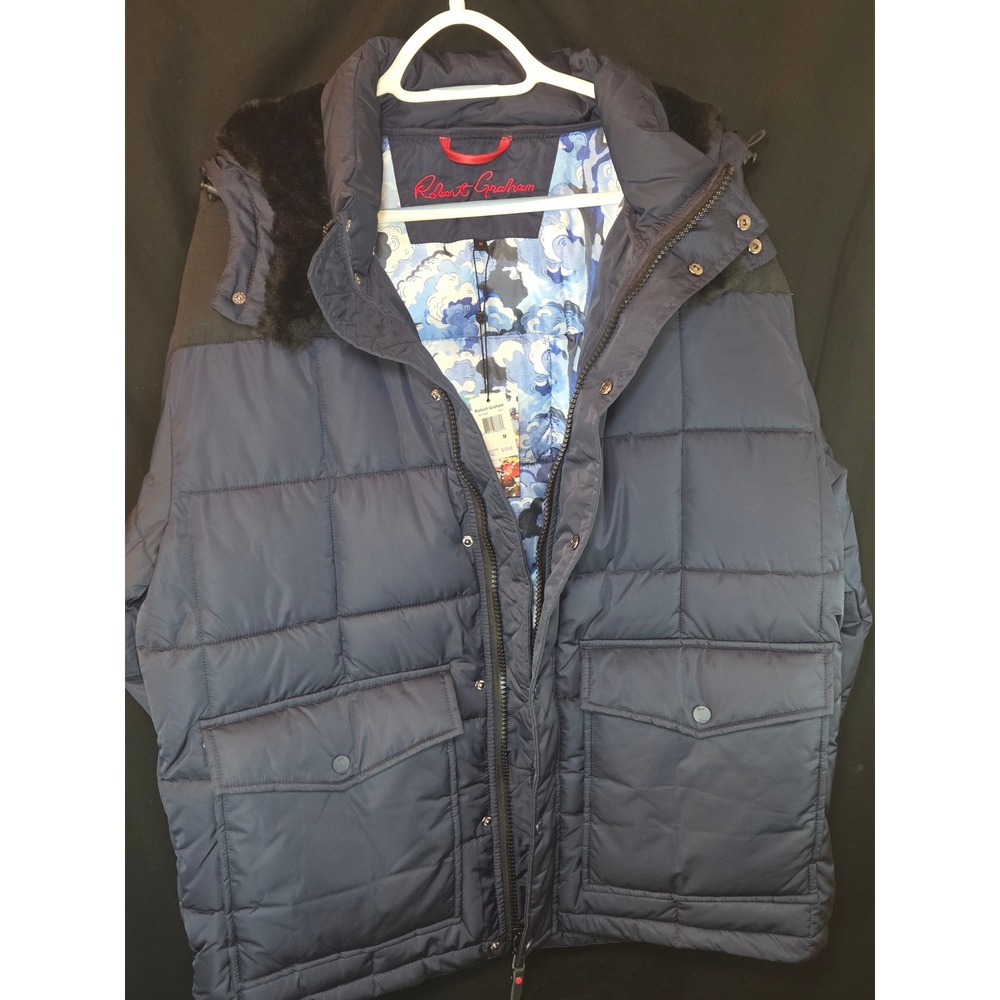Robert Graham Men's Navy Winter‎ Parka Puffer Jacket Fur Trim Hood Lined Size M